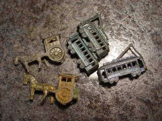 5 Vintage Die Cast Cracker Jack Prizes 3 Trolley Cars & 2 Horse & Carts