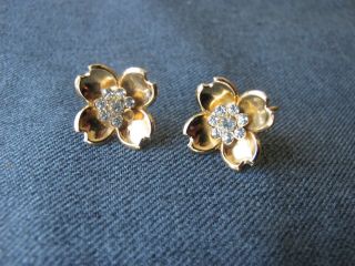 Vintage Coro Clear Rhinestones Golden Metal Flower Earrings