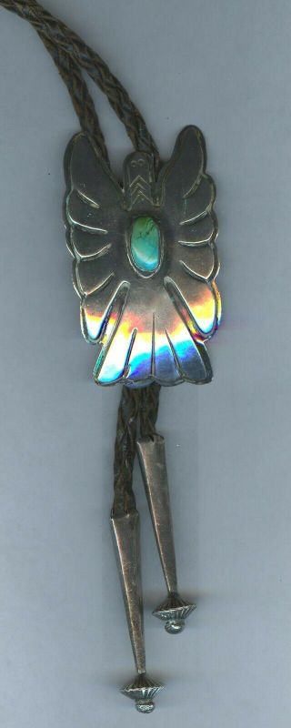 Silver Vintage Navajo? Bolo Tie,  Thunderbird Turquoise Stone 40g Sterling
