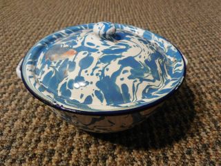Vintage Graniteware Enamel Blue White Swirl Handle Bowl Cover Lid Red Spot Error