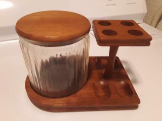 Vintage Walnut Wood Smoking Tobacco 4 Pipe Stand Holder Glass Jar Decatur Aztec