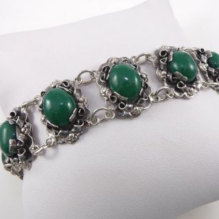 Vintage Early Taxco Sterling Silver Green Stone Chain Link Bracelet 7 " Ldh3