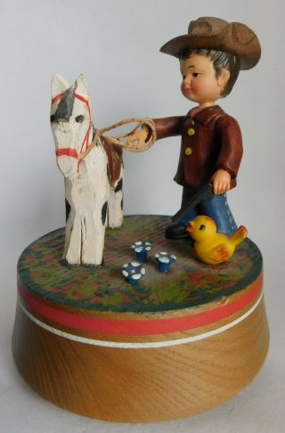 Vintage Anri Hand Carved Wood Little Cowboy & Horse Music Box It 