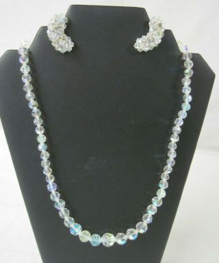 Vintage Single Strand Aurora Borealis Crystal Bead Necklace & Earrings