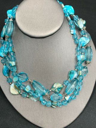 Vintage Baby Blue Lucite Beaded 3 Blister Pearl Strand Statement Necklace 16”