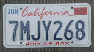 California License Plate Embossed Passenger Expired Jun 2016 Number 7mjy268