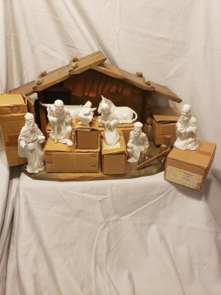Vintage Christmas Fitz & Floyd White Porcelain Nativity Set W/boxes,  Wood Creche