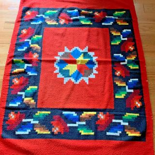 Vintage Hand Woven Mexican Blanket Weaving Wool Rug Red 51 " X 74 "