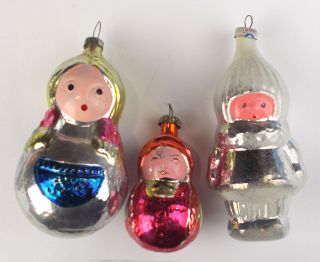 3 Vintage Ussr Silver Glass Christmas Decorations Tree Ornaments Nesting Dolls