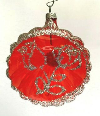 Vintage Red Glass Silver Glitter Roses Christmas Tree Ornament 2.  5”