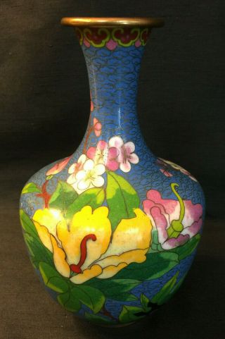 Vintage Japanese Chinese Cloisonne Enamel Gold Gilt Floral Blue Vase