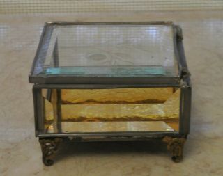 Vintage Etched Beveled Glass Brass Jewelry Box