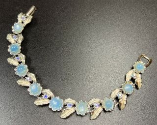 Signed Judy Lee Vintage Bracelet 7.  5” Ab Blue Rhinestones Blue Moon Glass Flower