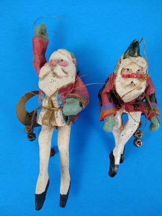 X2 Vintage House Of Hatten Santa Claus Christmas Ornament Wood Carved Folk Art