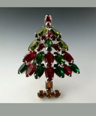 Vintage Napier Ruby Red Green Rhinestone Christmas Tree Silver Plated Brooch Pin