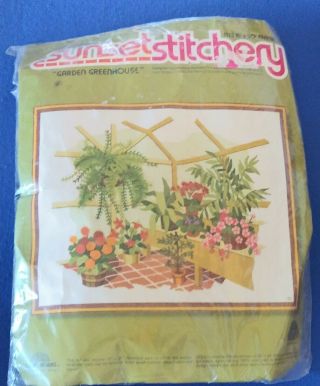 Vtg 16 X 20 " 1973 Sunset Stitchery Garden Greenhouse Crewel Embroidery Kit 2370