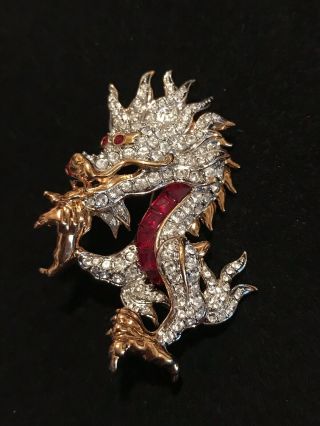 Swarovski Brand Crystal & Red Enamel Dragon Brooch Pin Vintage.  Swan Signature