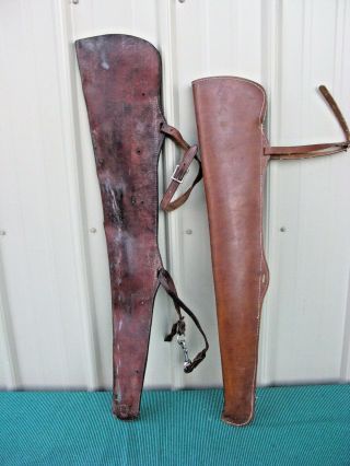 Two Vintage Hunter Brown Leather Rifle Scabbard Gun Case Horse Mount Hunting