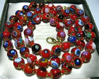 Lovely Red Millefiori Venetian Murano Glass Bead Long Vintage Style Necklace