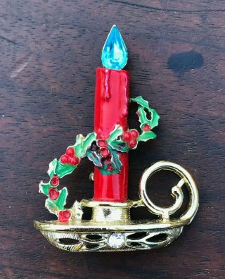 Vintage Christmas Holiday Candle Pin Enamel With Rhinestone Crystals