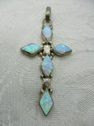 Vtg Estate Jewelry Hand Made Sterling Silver Opal Cross Pendant For Necklace
