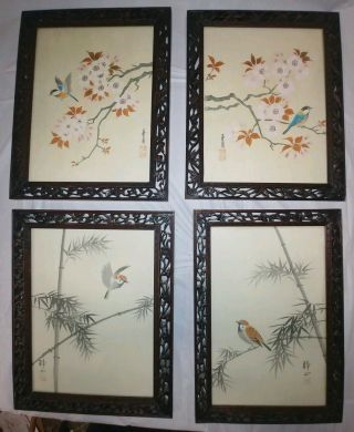 4 Vintage Framed Asian Chinese Japanese Watercolor Silk Bird Bamboo Signed