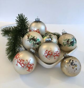 7 Vintage Stenciled Shiny Brite Christmas Tree Ornaments Santa Reindeer Mickey