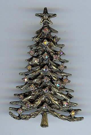 Vintage Gold Tone Sparkly Aurora Borealis Rhinestone Christmas Tree Pin