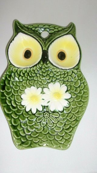 Vintage Ceramic Green Owl Spoon Rest Or Wall Hanger - Made In Japan