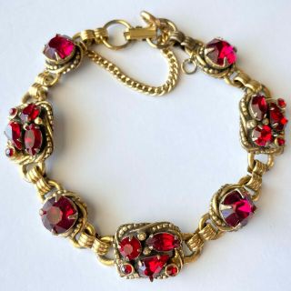 Signed Kramer Vintage Ruby Red Rhinestone Flower Gold Tone Bracelet 354