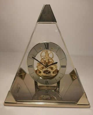Vintage Seiko Quartz Pyramid Skeleton Mantel Clock Qaw109g,  Gold And Clear