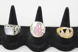 3 X Vintage.  925 Sterling Silver Mother Of Pearl Rings Inc.  Lattirce,  Dyed (36g)