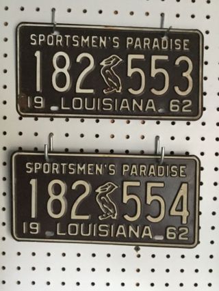1962 Pair Vintage Louisiana License Plates Plate 182 553 And 182 554