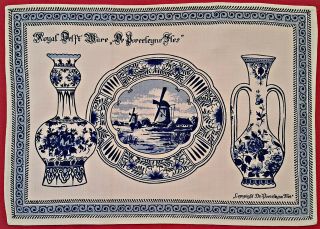 Vintage Dutch Art Royal Delftware Porcelain Blue Cotton Blend Coaster Doily