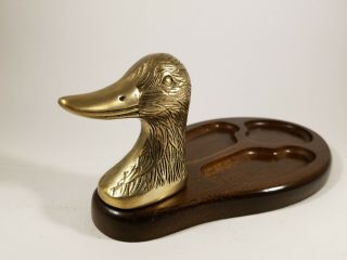Vintage Brass And Wood Duck Valet Jewelry Tray