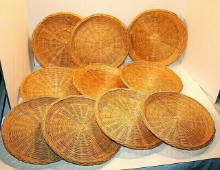 10 Vintage Straw Wicker Woven Rattan 9 " Round Plate Holders Picnic
