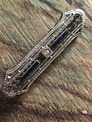 Vintage Art Deco Silver Tone Filigree Sapphire Diamond Paste Bar Pin Brooch