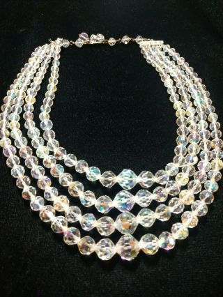 Vintage 4 Strand Aurora Borealis Crystal Bead Necklace
