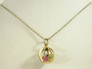 Exquisite Dainty Caged Rhinestone Ball Pendant Chain Necklace Gold Plate Vintage
