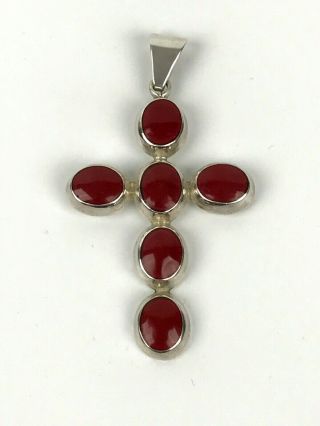 Vintage Taxco Sterling Silver Cross Pendant Red Carnelian Pendant 3  Signed