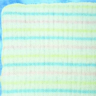 Vintage Beacon Baby Blanket Acrylic Woven White Pastel Pink Blue Stripes 1675