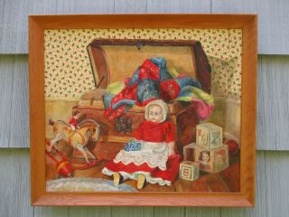 Vintage Mid - Century Oil On Canvas Children Toys Doll Still Life Painting
