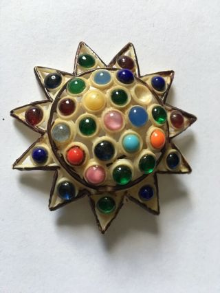Vintage Star Brooch Pin Celluloid Colorful Rhinestone Starburst 1940s