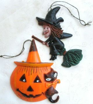 2pc Vintage Hard Plastic Halloween Jack - O - Lantern & Cat,  Flying Witch Ornaments