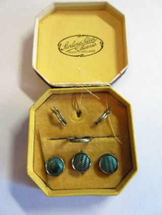 Vintage Art Deco Silver & Guilloche Enamel Buttons,  Studs X3 - Boxed