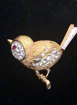 Vintage Ruby Red & Crystal Rhinestones Gold Tone Bird On A Branch Pin Brooch