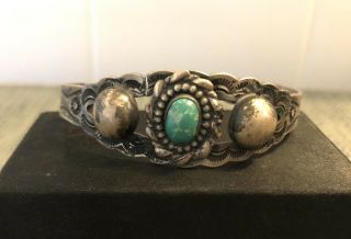 Vintage Navajo Fred Harvey Era Stamped Coin Silver Turquoise Cuff Bracelet