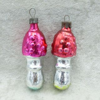 Vintage Russian Glass Mushroom Christmas Ornaments Red Pink Feather Tree