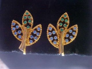 Vintage Crystal Leaf Earrings JEAN PARIS Green Blue (Jean Louis Scherrer Paris) 3