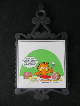 Vintage Garfield Ceramic & Cast Aluminum Trivet " Once My Eating Gains " - Enesco